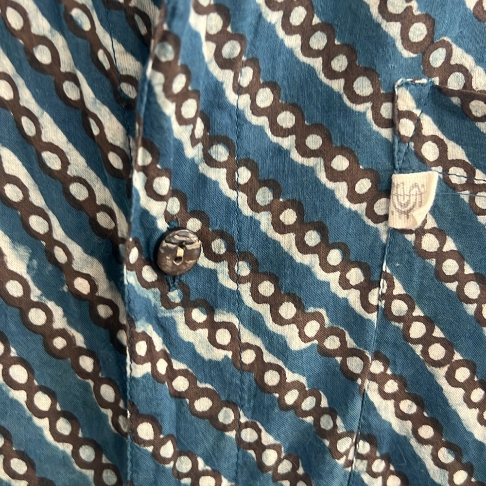 Anokhi Blue Indian resist geometric stripe  Men's size L Shirt - Picture 4 of 7